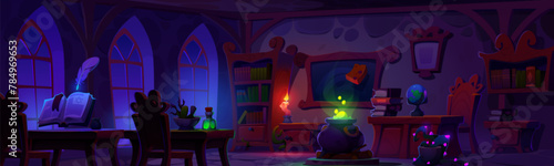 Night old magic school room. Cartoon wizard game background with classroom interior for halloween fairy tale. Medieval alchemist study desk in castle with wooden bookcase and magician book scene