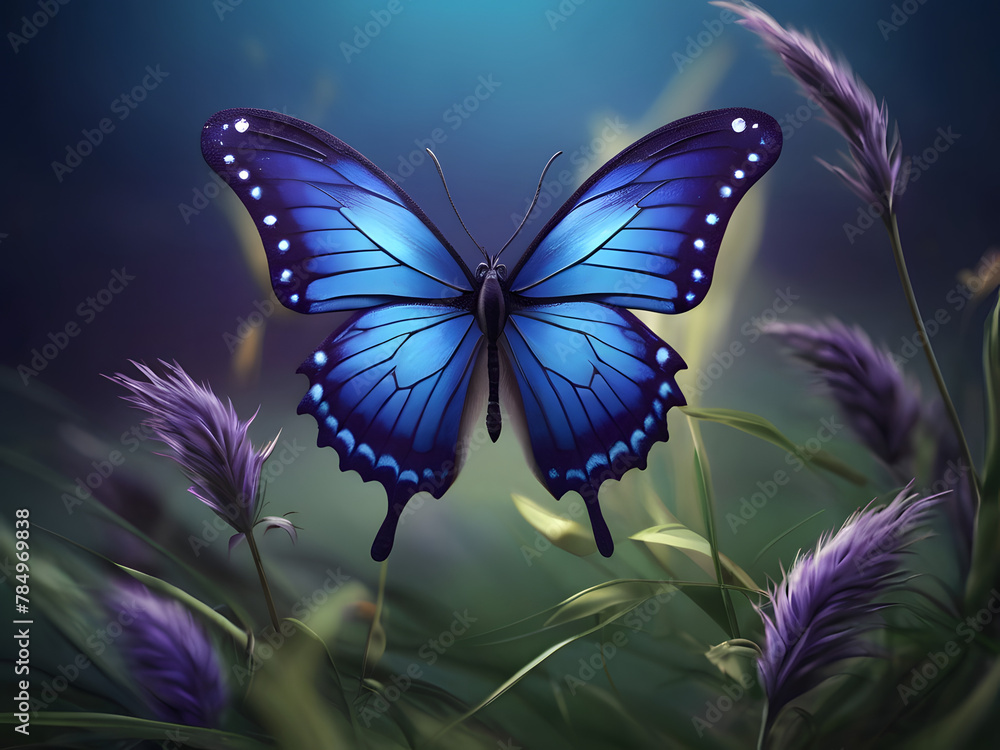 3d Illustration Art Blue butterfly on grass with blurred purple background Artistic wallpaper design

