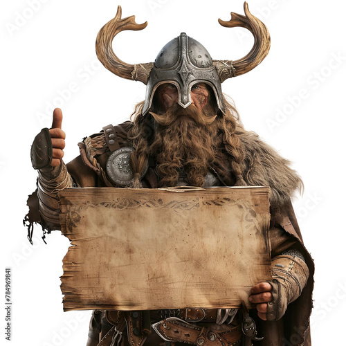 A Viking Warrior Holding a Blank Wooden Sign