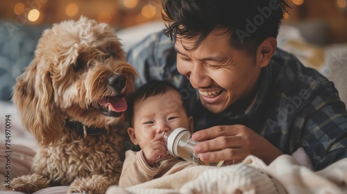Asian father feeding his baby with baby bottle while his dog sitting with them photo