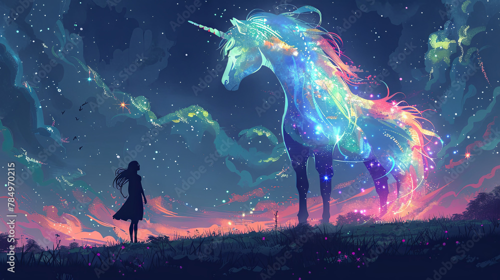 silhouette of girl is looking at giant glitter unicorn