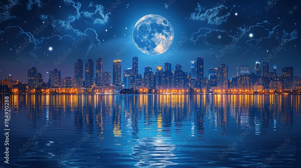 Moonlit Cityscape Bokeh. Serene Background with Softly Illuminated City Lights Under a Moonlit Sky, Conveying a Mood of Peaceful Tranquility