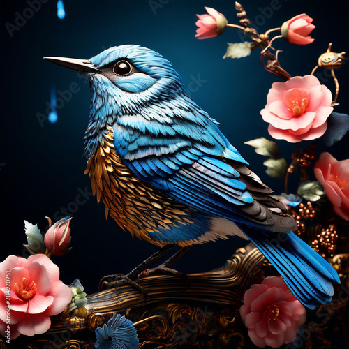 bird on a branch-bird on a branch with flowers © nomi_creative