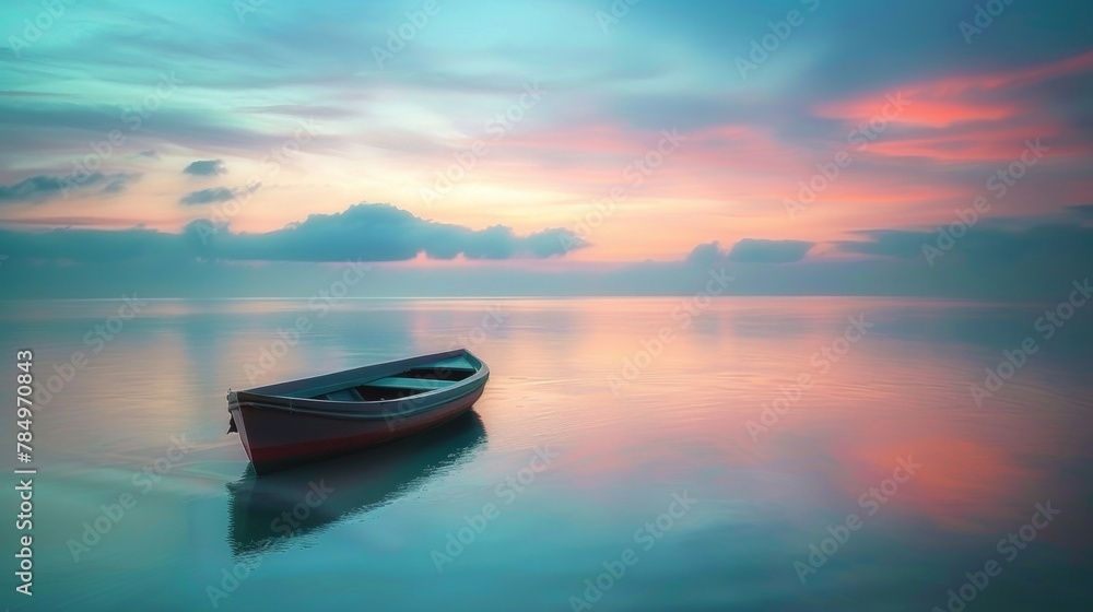 A solitary boat floats on a tranquil sea under a pastel sunrise sky, evoking peaceful solitude. A solitary boat floats on a tranquil sea under a pastel sunrise sky, evoking peaceful solitude.