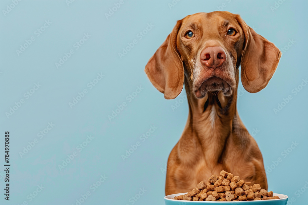 Hungry brown dog with floppy ears eyeing a bowl of food against a blue background with copy space. Advertising concept