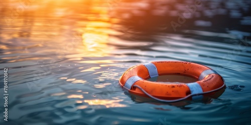 Orange lifebuoy floating on tranquil water during a captivating sunset.