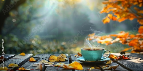 A steaming cup of coffee on a rustic outdoor table surrounded by colorful autumn leaves in a serene setting. © tashechka