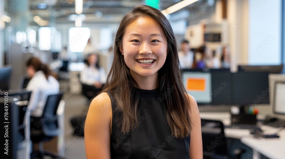 A cheerful young professional woman smiles confidently in a modern office setting, reflecting a positive work culture. A cheerful young professional woman smiles confidently in a modern office setting, reflecting a positive work culture.