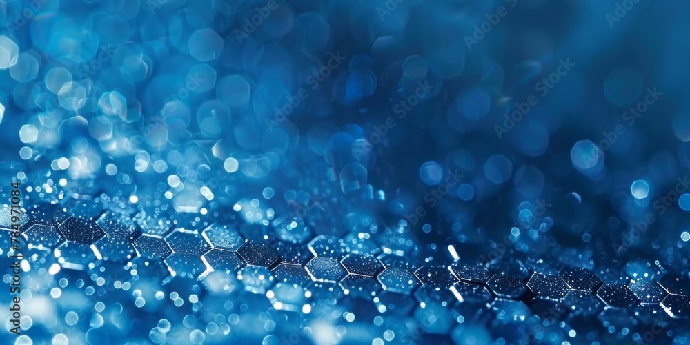 Blue bokeh lights forming hexagonal shapes, creating a futuristic abstract background.