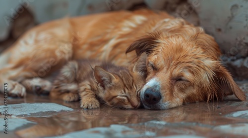 A peaceful scene of a golden retriever and a ginger cat sleeping together on the floor.