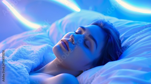 Young woman sleeping soundly in bed bathed in a calming blue neon light.