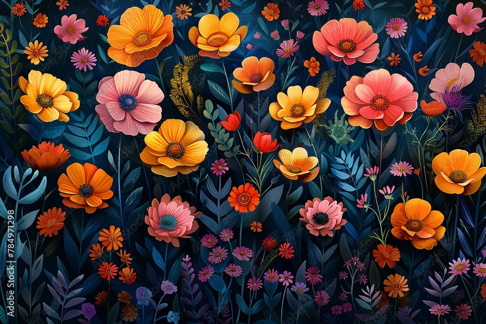 A blooming garden, illustration in the style of psychedelic painting A blooming garden, illustration in the style of psychedelic painting