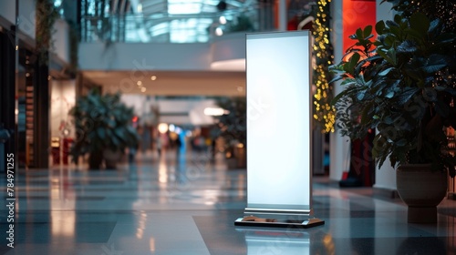 Roll up mockup poster stand in an shopping center or mall environment as wide banner design with blank empty copy space area photo