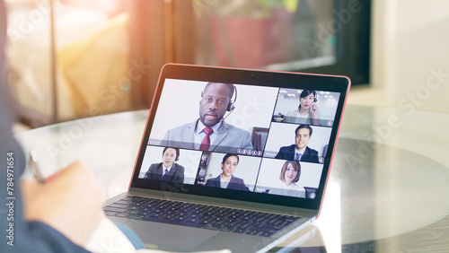 Concept of video conferencing with multinational people. Global business. Remote working. Webinar.