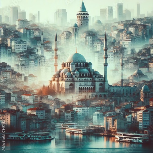 Istanbul, cityscape double exposure contemporary style collage illustration.