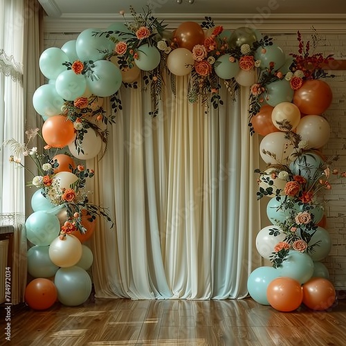 An organic balloon arch with peach, green and cream balloons and flowers in peach, orange and cream. The backdrop is a cream curtain.