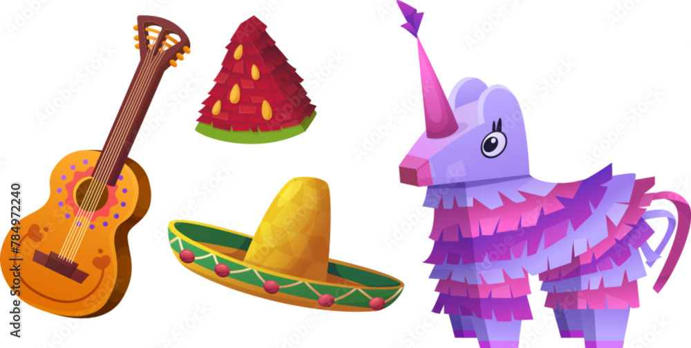 Mexican festival or holiday traditional elements - paper donkey and watermelon pinata, sombrero hat and guitar. Cartoon vector illustration set of fiesta, birthday party and cinco de mayo accessory. - obrazy, fototapety, plakaty 