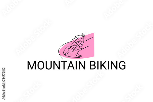 Mountain biking sport vector line icon. sportman with Mountain bike. vector sign. sport pictogram illustration