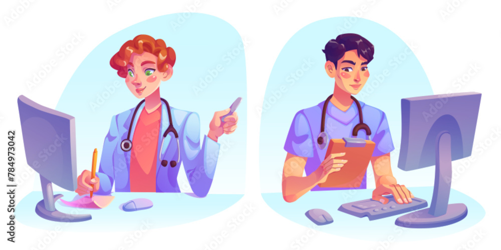Doctors working on computer in hospital. Vector cartoon illustration of male and female medics providing telemedicine consultation, talking to patient online, making prescription, clinic services - obrazy, fototapety, plakaty 