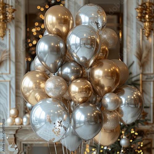 Gold, silver, and white balloons with shiny surface
