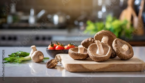 A selection of fresh vegetable: shiitake mushroom, sitting on a chopping board against blurred kitchen background; copy space