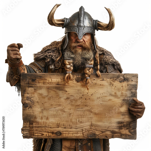 A Viking Warrior Holding a Blank Wooden Sign