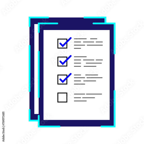 Checklist on clipboard. Marking checkmark on paper check-list. Filling questionnaire, survey form, document, choosing option. Flat vector illustration