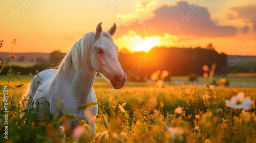 A white horse in a meadow at sunset, with vivid colors and natural background, embodying tranquility. Generative AI