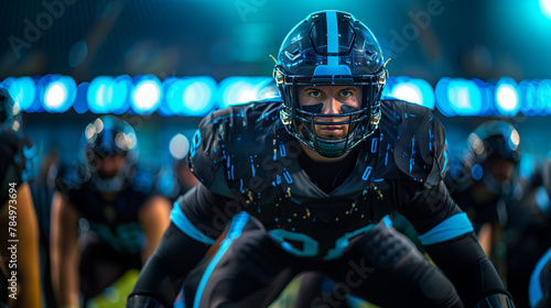 An American football player in uniform crouching on the field, realistic style, on a blurred stadium background, concept of sports and competition. Generative AI photo