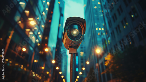 A CCTV camera mounted on a pole with illuminated city buildings in the background, representing a security concept. Generative AI
