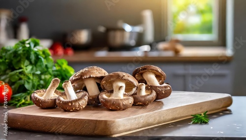 A selection of fresh vegetable: shiitake mushroom, sitting on a chopping board against blurred kitchen background; copy space