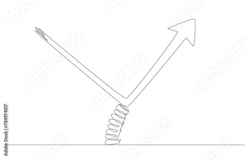 Continuous one line drawing of arrow bouncing up from springboard, economic recovery, stock market rebound concept, single line art.