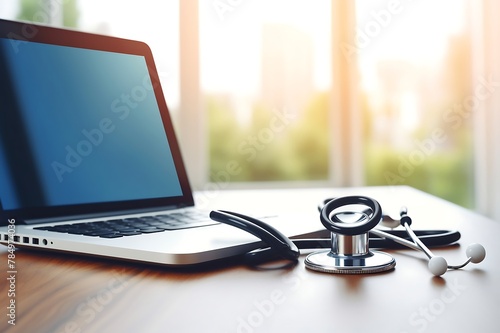Medical stethoscope and laptop computer on table