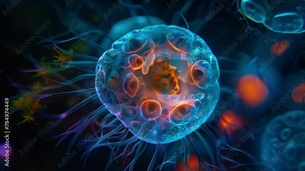 A highly magnified image of a protozoans nucleus the control center of its cell surrounded by organelles that play various roles in . AI generation. A highly magnified image of a protozoans nucleus the control center of its cell surrounded by organelles that play various roles in . AI generation.