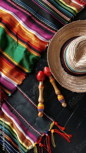 Photo of Mexican party decoration with sombrero on a black background  with empty space for text. Cinco de Mayo celebration idea.