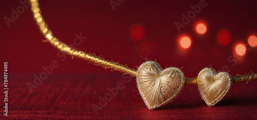 Red heart made of threads on a dark background, love and valentinesday concept. photo