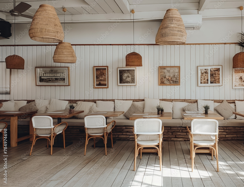 Interior of an empty cafe with wooden furniture, cushions, woven pendant lights and framed pictures on a light background. Generative AI - obrazy, fototapety, plakaty 