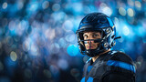 Close-up of a man in American football gear against a blurred blue background, evoking a sense of athletic determination, Generative AI.