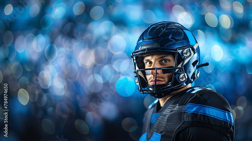 Close-up of a man in American football gear against a blurred blue background, evoking a sense of athletic determination, Generative AI. © ImageFlow