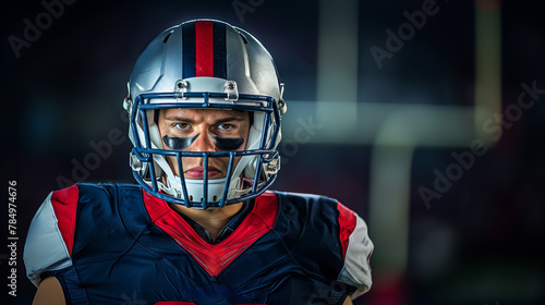 An American football player in helmet and game uniform on a blurry stadium background, capturing the intensity of sports. Generative AI © ImageFlow