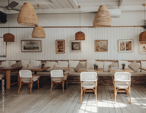 Interior of an empty cafe with wooden furniture, cushions, woven pendant lights and framed pictures on a light background. Generative AI © ImageFlow