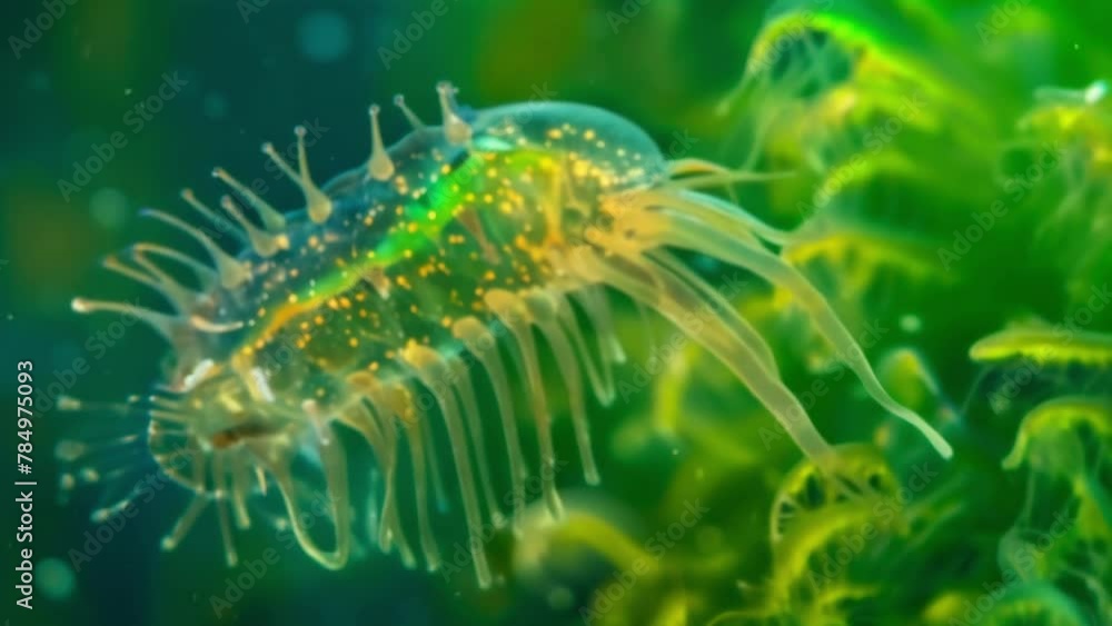 A delicate microorganism with a translucent body adorned with intricate frills and tentacles can be seen drifting lazily a s of green . AI generation. A delicate microorganism with a translucent body adorned with intricate frills and tentacles can be seen drifting lazily a s of green . AI generation.