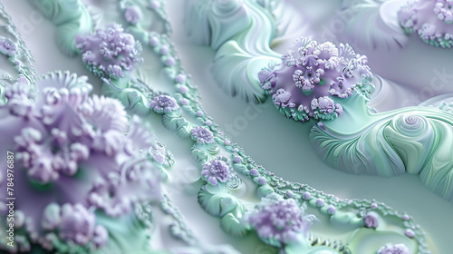 Spring flowers inspire pastel lavender and mint fractals in a 3D tranquil scene.