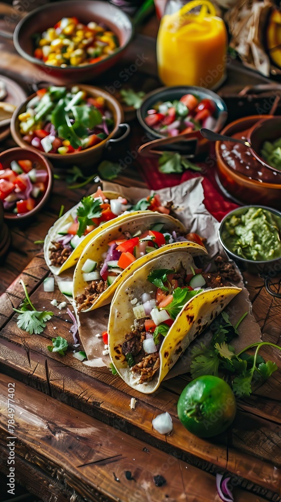 This stock photo shows three tacos with vegetables and meat on a wooden background from a top-down view. Cinco de Mayo celebration idea.