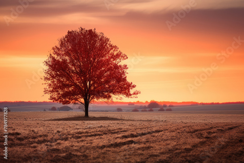 Solitary Tree in a Snowy Field at Red Twiligh