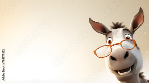 a close up of a donkey face with glasses giving smily expression on a clean background