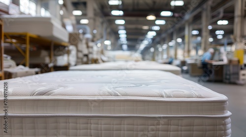 Stacks of Mattresses in a Factory Setting Ready for Distribution. Industrial Warehouse Interior with Focus on Bedding Products. Manufacturing Background Showing Industrial Design. AI © Irina Ukrainets