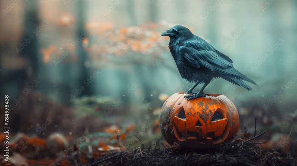 Naklejka premium Eerie black raven perched atop a carved pumpkin in a mystical autumn forest setting.