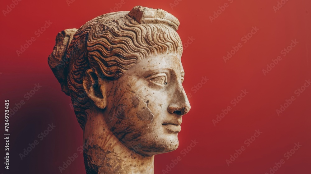 Ancient classical marble gypsum stoic, roman, greek bust, busts head sculpture against a colored background representing historical figures 