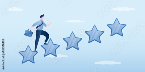 Businessman climbing star ladder step by step to reach five-star level. Reward and motivation ideas. Improving quality of business and services. Improving ratings and skills.